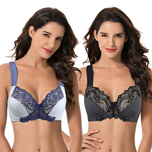 Curve Muse Damen-BH mit Bügel, Spitze, Übergröße, ungefüttert, mit Polsterträgern, 2 Stück, Grauer Druck, Marineblau (2er-Pack), 85B von Curve Muse