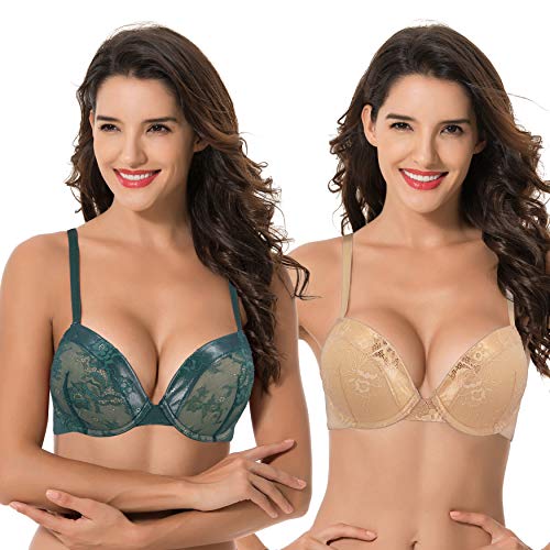 Curve Muse Damen-BHs in Übergröße, 1 und eine halbe Körbchen, Push-Up-Bügel-Spitzen-BHs, Bradk Grün, Hautfarben (2er-Pack), 100B von Curve Muse