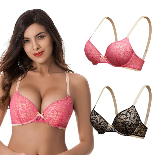 Curve Muse Damen-BHs in Übergröße, perfekte Form, 1 Körbchen, Push-Up-Bügel-Spitzen-BHs, Dunkelrosa, Schwarz (2er-Pack), 90F von Curve Muse