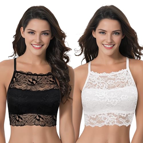 Curve Muse Damen Bralette Ungefüttert Racerback Crop Top Bustier Blumen Spitzen-BH-2er Pack-Black,Cream-S von Curve Muse
