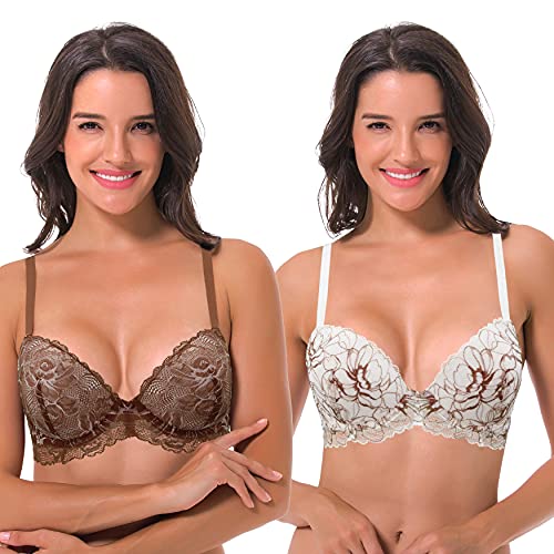 Curve Muse Damen Bügel Übergröße Hochdrücken Fügen Sie 1 und eine halbe Tasse Spitzen-BHs-2er Pack-Creme/Braun,Braun/Rosengold-80C von Curve Muse