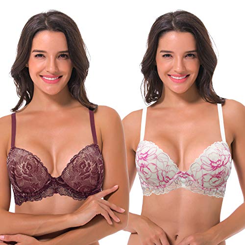 Curve Muse Damen Bügel Übergröße Hochdrücken Fügen Sie 1 und eine halbe Tasse Spitzen-BHs-2er Pack-Limette Sahne/Heiß Rosa,Mauve/Rose Gold-105B von Curve Muse