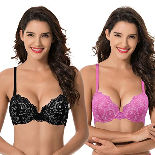 Curve Muse Damen Bügel Übergröße Hochdrücken Fügen Sie 1 und eine halbe Tasse Spitzen-BHS hinzu-2er Pack-Heisses Rosa,Schwarz-80C von Curve Muse