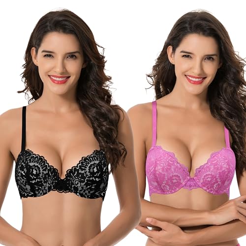 Curve Muse Damen Bügel Übergröße Hochdrücken Fügen Sie 1 und eine halbe Tasse Spitzen-BHS hinzu-2er Pack-Heisses Rosa,Schwarz-95C von Curve Muse