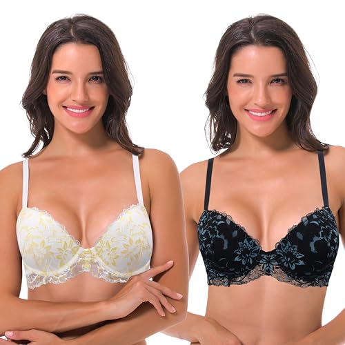 Curve Muse Damen Bügel Übergröße Hochdrücken Fügen Sie 1 und eine halbe Tasse Spitzen-BHs-2er Pack-Schwarz/Blau,Weiss/Schreien-105B von Curve Muse