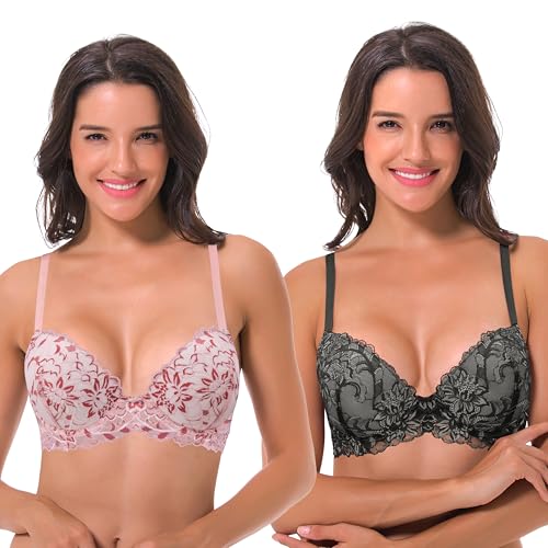 Curve Muse Damen Bügel Übergröße Hochdrücken Fügen Sie 1 und eine halbe Tasse Spitzen-BHs-2er Pack-Weiss/Rot,Schwarz/Grau-80F von Curve Muse