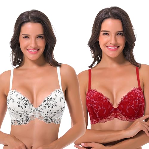 Curve Muse Damen Bügel Übergröße Hochdrücken Fügen Sie 1 und eine halbe Tasse Spitzen-BHs-2er Pack-Weiss/Schwarz,Rot/Weiss-110C von Curve Muse