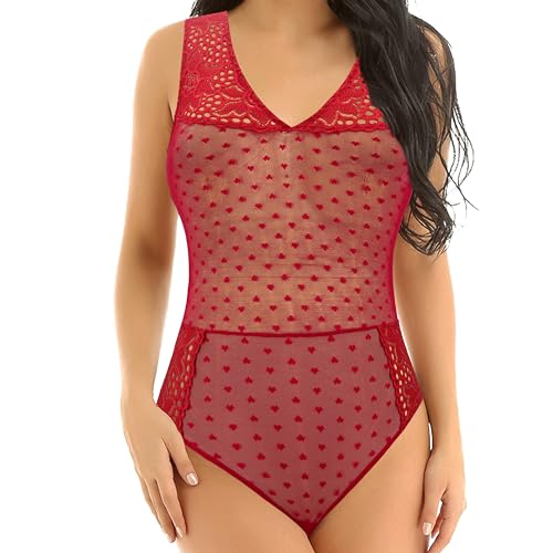 Curve Muse Damen Dessous Spitze Puppe V-Ausschnitt EIN Stück Gittergewebe Bodysuit Nachtwäsche-Rot-XXL von Curve Muse