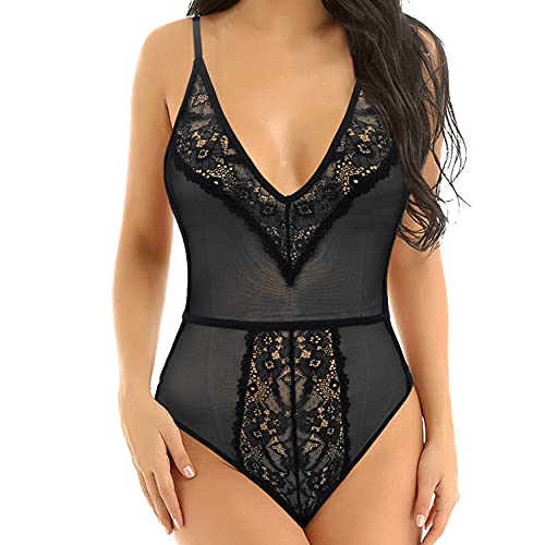 Curve Muse Damen Dessous Spitze Puppe V-Ausschnitt EIN Stück Gittergewebe Bodysuit Nachtwäsche-Schwarz-L von Curve Muse