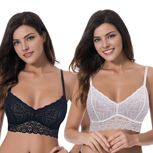 Curve Muse Damen Große Größen Drahtlos Ungefüttert Tiefer Ausschnitt Bralette mit Blumen-Spitze-2er Pack-Black,Cream-XXL von Curve Muse