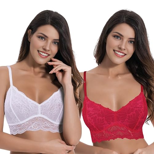 Curve Muse Damen Große Größen Drahtlos Ungefüttert Tiefer Ausschnitt Bralette mit Blumen-Spitze-2er Pack-White,Red-XXXL von Curve Muse