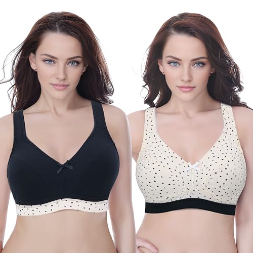 Curve Muse Damen Große Größen Drahtlos Vollständige Abdeckung Gepolsterte Träger Baumwoll-BH-2er Pack-Nude Print,Black-85F von Curve Muse
