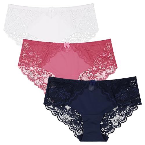 Curve Muse Damen Große Größen Mittlere Taille Blumenspitze Slips Panties-3er Pack-Navy,Pink,Cream-48/50 von Curve Muse