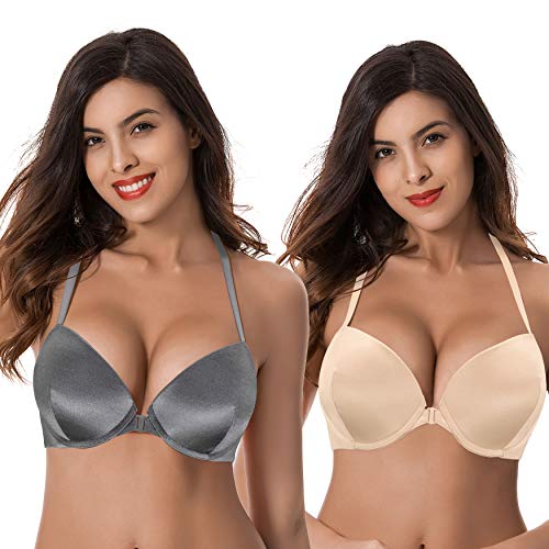 Curve Muse Damen Hochdrücken Fügen Sie 1 und eine halbe Tasse hinzu Bügel Halfter vorne schließen BHs-2er Pack-Grau,Nackt-100B von Curve Muse