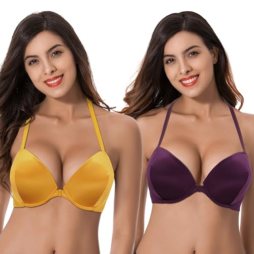 Curve Muse Damen Hochdrücken Fügen Sie 1 und eine halbe Tasse hinzu Bügel Halfter vorne schließen BHs-2er Pack-Orange,Burgund-105B von Curve Muse