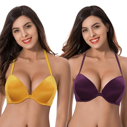 Curve Muse Damen Hochdrücken Fügen Sie 1 und eine halbe Tasse hinzu Bügel Halfter vorne schließen BHs-2er Pack-Orange,Burgund-105D von Curve Muse