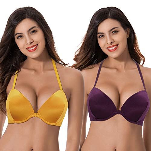 Curve Muse Damen Hochdrücken Fügen Sie 1 und eine halbe Tasse hinzu Bügel Halfter vorne schließen BHs-2er Pack-Orange,Burgund-105E von Curve Muse