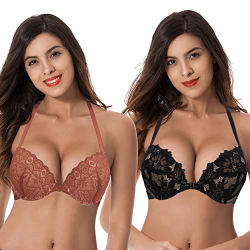 Curve Muse Damen Hochdrücken Fügen Sie 1 und eine halbe Tasse hinzu Bügel Halfter vorne schließen BHs-2er Pack-Schwarz,Rost-90F von Curve Muse