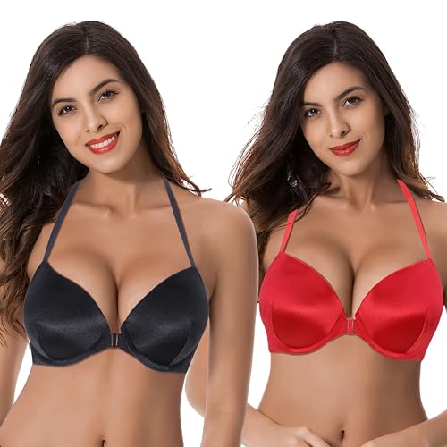 Curve Muse Damen Hochdrücken Fügen Sie 1 und eine halbe Tasse hinzu Bügel Halfter vorne schließen BHs-2er Pack-Schwarz, Rot-100F von Curve Muse