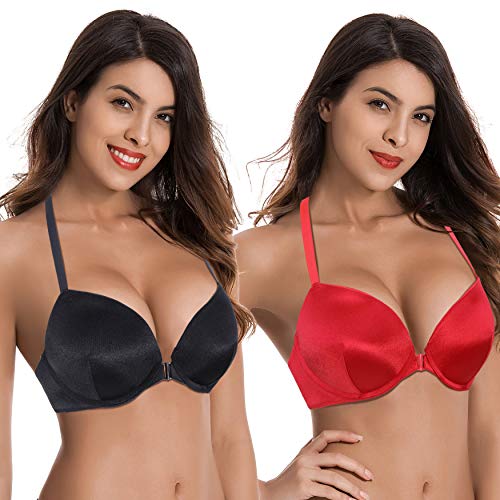 Curve Muse Damen Hochdrücken Fügen Sie 1 und eine halbe Tasse hinzu Bügel Halfter vorne schließen BHs-2er Pack-Schwarz, Rot-95E von Curve Muse