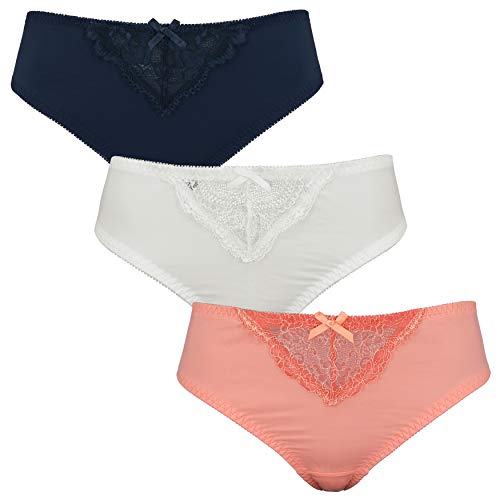 Curve Muse Damen Kurz Bikini Unterwäsche Höschen mit Spitze-3er Pack-Marine,Coralle,Sahne-52/54 von Curve Muse