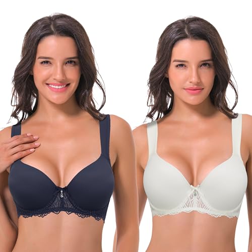 Curve Muse Damen Leicht Gepolstert Bügel Spitze BH mit gepolsterten Schultergurten-Schwarze Iris, Creme-90D-V2 von Curve Muse