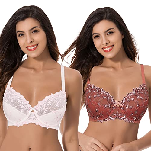 Curve Muse Damen Leicht Gepolstert Bügel Stickerei Spitzen BH-2er Pack-Buttermilch,Mekka Orange-110C von Curve Muse