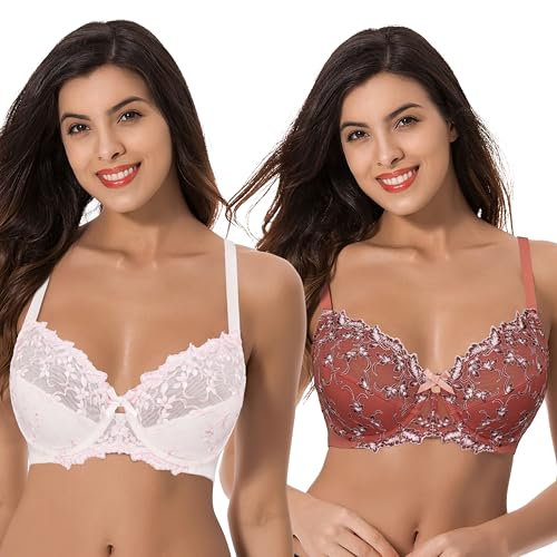 Curve Muse Damen Leicht Gepolstert Bügel Stickerei Spitzen BH-2er Pack-Buttermilch,Mekka Orange-75C von Curve Muse