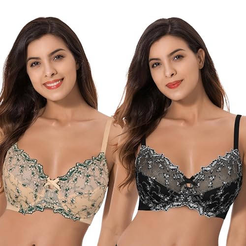 Curve Muse Damen Leicht Gepolstert Bügel Stickerei Spitzen BH-2er Pack-Schwarz,Nackt-85B von Curve Muse