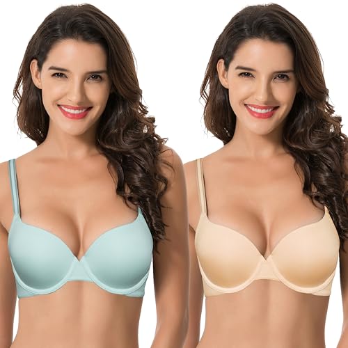Curve Muse Damen Leichter Aufzug 1 Tasse hinzufügen Hochdrücken Bügel Cabrio T-Shirt BH-2er Pack-Light Blue,Nude-75C von Curve Muse