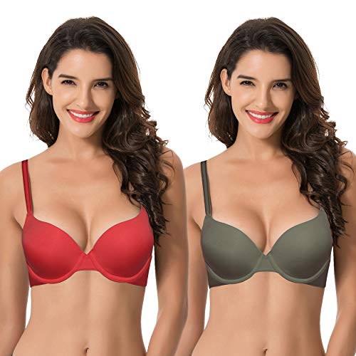 Curve Muse Damen Leichter Aufzug 1 Tasse hinzufügen Hochdrücken Bügel Cabrio T-Shirt BH-2er Pack-Rot, Grün-110B von Curve Muse