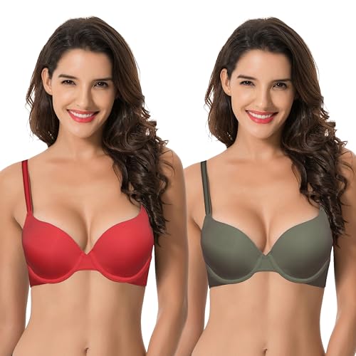 Curve Muse Damen Leichter Aufzug 1 Tasse hinzufügen Hochdrücken Bügel Cabrio T-Shirt BH-2er Pack-Rot, Grün-85C von Curve Muse