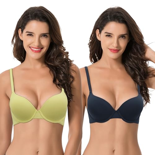 Curve Muse Damen Leichter Aufzug 1 Tasse hinzufügen Hochdrücken Bügel Cabrio T-Shirt BH-2er Pack-Schwarze Iris, Blassgrün-90C von Curve Muse