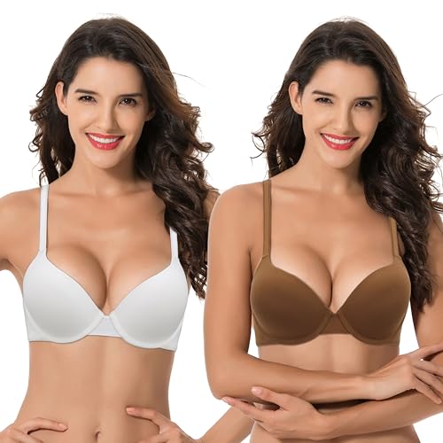 Curve Muse Damen Leichter Aufzug 1 Tasse hinzufügen Hochdrücken Bügel Cabrio T-Shirt BH-2er Pack-Weiss,Schildkrötenpanzer-90C von Curve Muse