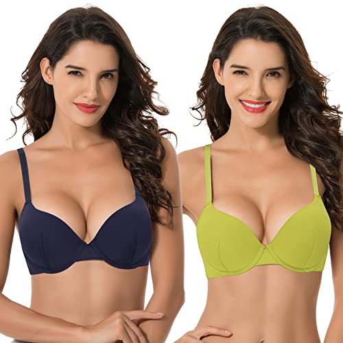 Curve Muse Damen Light Lift Add 1 Cup Push Up Bügel Convertible T-Shirt-BH, Marineblau, Limettengrün (2er-Pack), 100B von Curve Muse