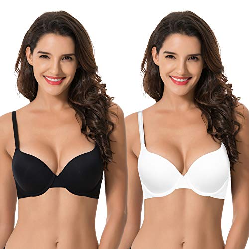 Curve Muse Damen Light Lift Add 1 Cup Push Up Bügel Convertible T-Shirt-BH, Schwarz, Weiß (2 Stück), 90B von Curve Muse
