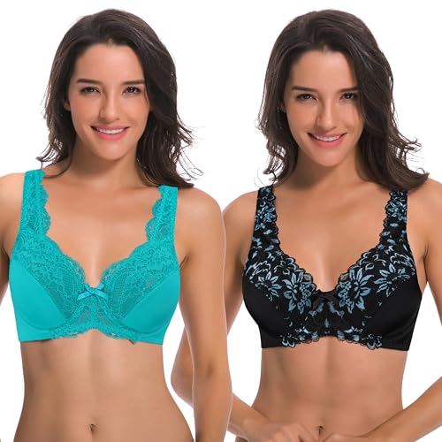 Curve Muse Damen Minimizer Ungefütterter Bügel-BH mit Spitzenstickerei, 2 Stück, Schwarz, Blaugrün (2er-Pack), 85B von Curve Muse