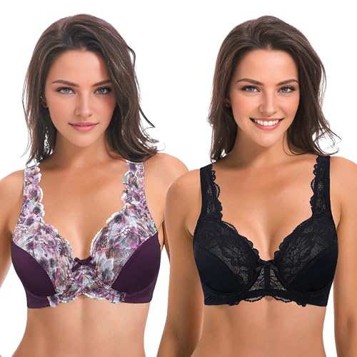 Curve Muse Damen Minimizer Ungefütterter Bügel-BH mit Spitzenstickerei - 2er Pack-Black,Burgundy-80C von Curve Muse