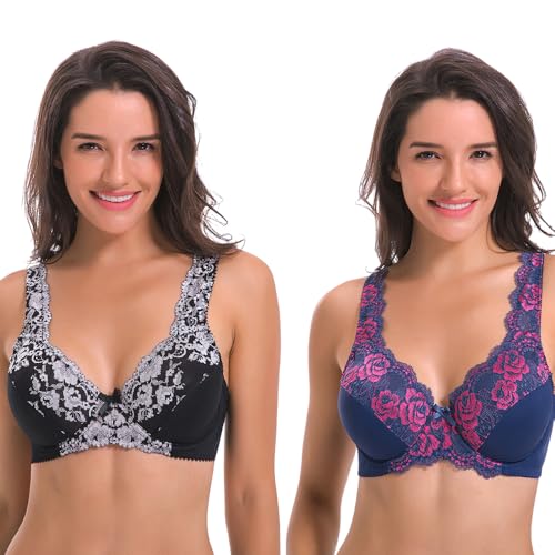 Curve Muse Damen Minimizer Ungefütterter Bügel-BH mit Spitzenstickerei - 2er Pack-Blau, Silber-75B von Curve Muse