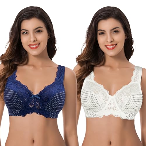 Curve Muse Damen Minimizer Ungefütterter Bügel-BH mit Spitzenstickerei - 2er Pack-Buttermilchdruck, Blau Drucken-100C von Curve Muse