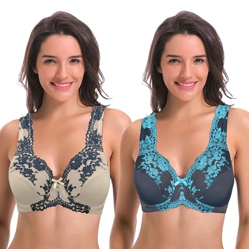 Curve Muse Damen Minimizer Ungefütterter Bügel-BH mit Spitzenstickerei - 2er Pack-Grau, Nackt-105E von Curve Muse