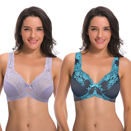 Curve Muse Damen Minimizer Ungefütterter Bügel-BH mit Spitzenstickerei - 2er Pack-Lavendel, Grau-100F von Curve Muse