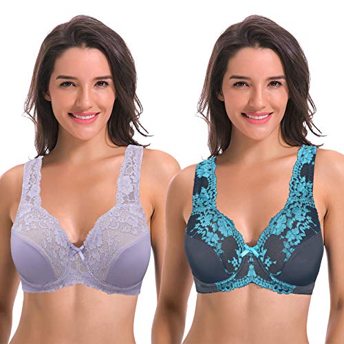 Curve Muse Damen Minimizer Ungefütterter Bügel-BH mit Spitzenstickerei - 2er Pack-Lavendel, Grau-110C von Curve Muse