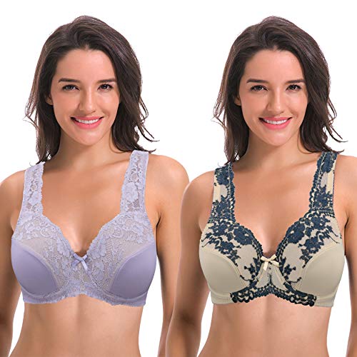 Curve Muse Damen Minimizer Ungefütterter Bügel-BH mit Spitzenstickerei - 2er Pack-Lavendel, Nackt-110D von Curve Muse