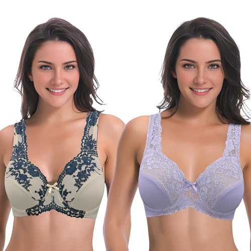 Curve Muse Damen Minimizer Ungefütterter Bügel-BH mit Spitzenstickerei - 2er Pack-Lavendel, Nackt-85C von Curve Muse