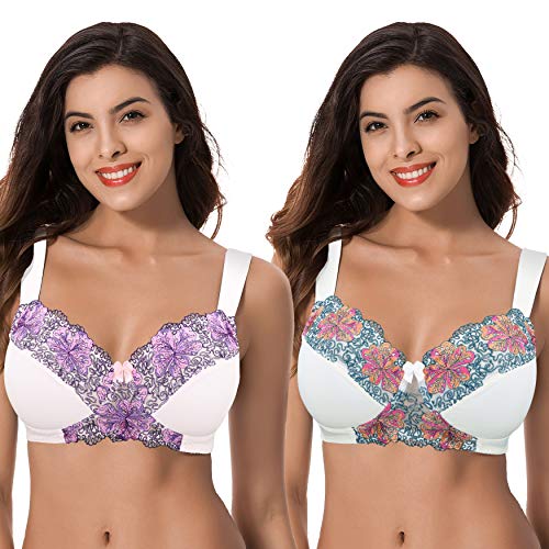 Curve Muse Damen Übergröße Minimizer Kabellos Ungefütterter BH mit Stickspitze - 2er Pack-Buttermilch, Orchidee Tönung-100F von Curve Muse