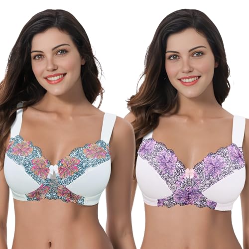 Curve Muse Damen Übergröße Minimizer Kabellos Ungefütterter BH mit Stickspitze - 2er Pack-Buttermilch, Orchidee Tönung-110E von Curve Muse