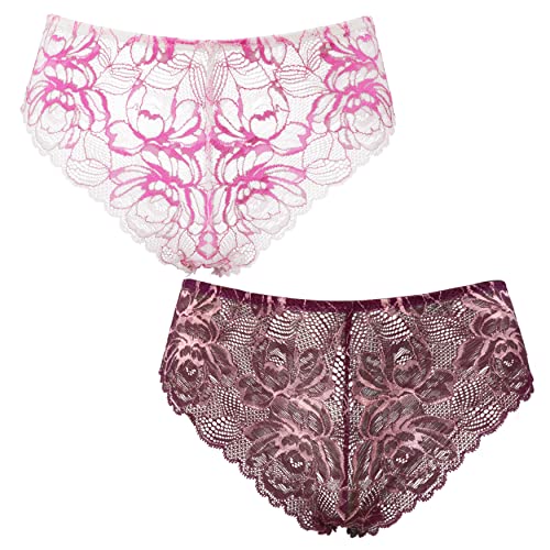 Curve Muse Damen-Packung mit 2 Komfort-Spitzen-Tanga-Hipster-Boyshorts-Höschen-Pack A-Limette Sahne/Heiß Rosa,Mauve/Rosgold-XL von Curve Muse