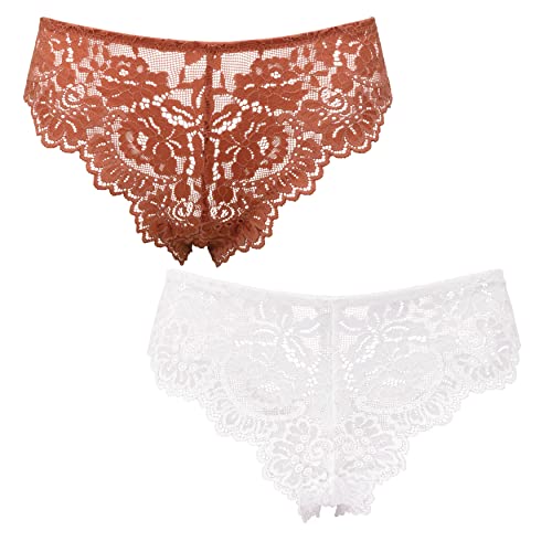 Curve Muse Damen-Packung mit 2 Komfort-Spitzen-Tanga-Hipster-Boyshorts-Höschen-Pack C-Sahne,Rost-M von Curve Muse