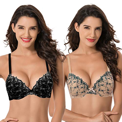 Curve Muse Damen Plus Size Add 1 Cup Push Up Bügel Spitze Stickerei BH, Hautfarben, Schwarz (2er-Pack), 100B von Curve Muse